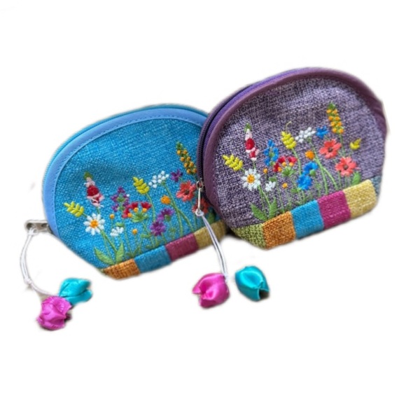 Embroidered flower Zip Bag Craft Cloth Small Bag Women | 2 Cute Coin Purses - Picture 1 of 9